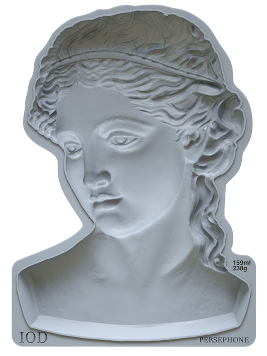 A silicone decorative mould depicting the head and part shoulders of the Greek goddess Persephone, branded by Iron Orchid Designs.