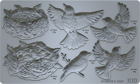 A decorative resin mould featuring designs of birds and a nest, part of Iron Orchid Designs' Sparrow's Nest collection. The are four birds and two nests