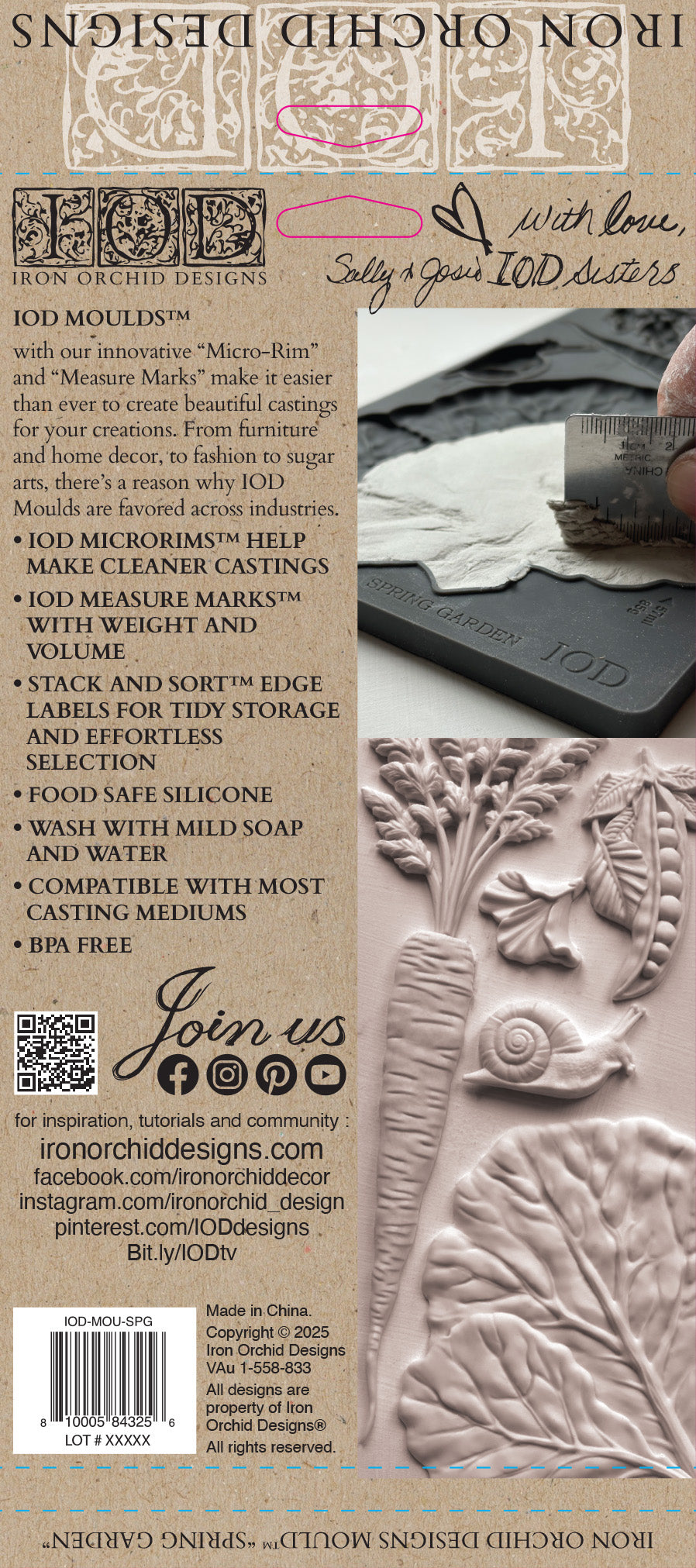 Iron Orchid Designs Spring Garden mould packaging with branding and product details.