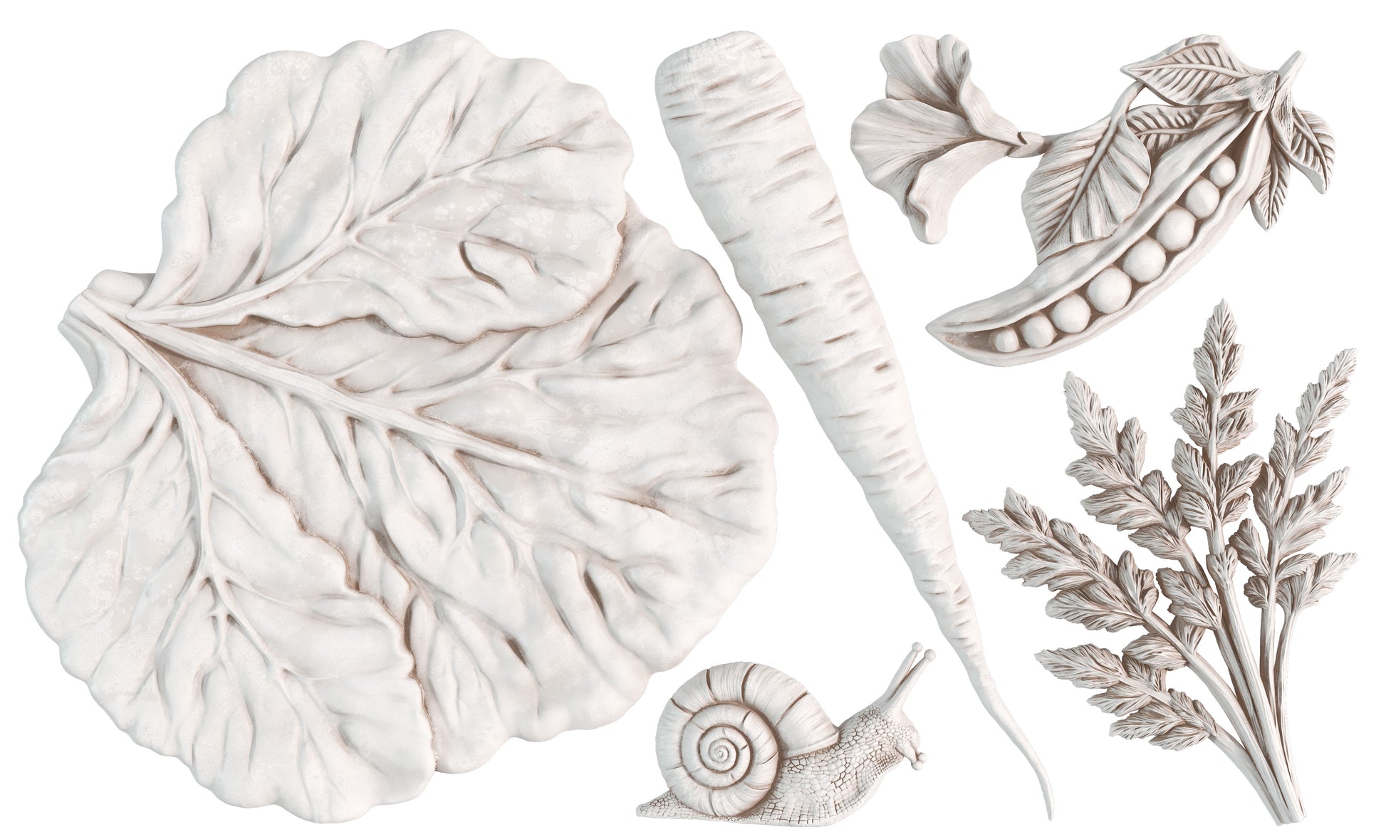 White clay castings of a cabbage leaf, pea pod, a carrot, carrot tops and a snail on a white background from Iron Orchid Designs Spring Garden mould
