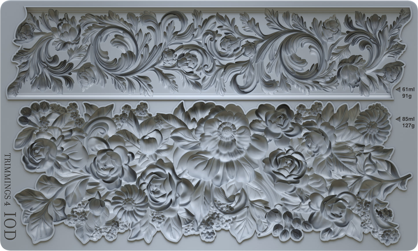 An Iron Orchid Designs silicone Craft Mould featuring intricate floral elements and vintage-inspired details, intended for use in crafting and furniture decoration.