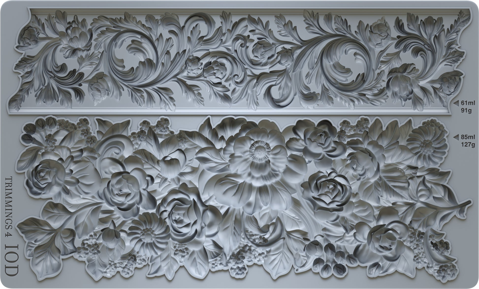 An Iron Orchid Designs silicone Craft Mould featuring intricate floral elements and vintage-inspired details, intended for use in crafting and furniture decoration.