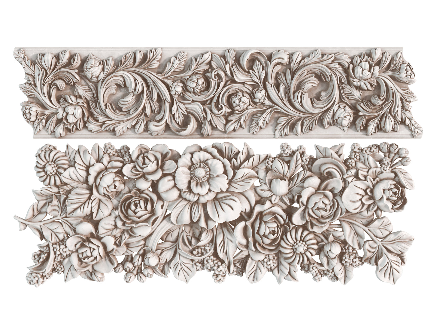 White clay castings from Iron Orchid Designs Trimmings 4 mould on a white background