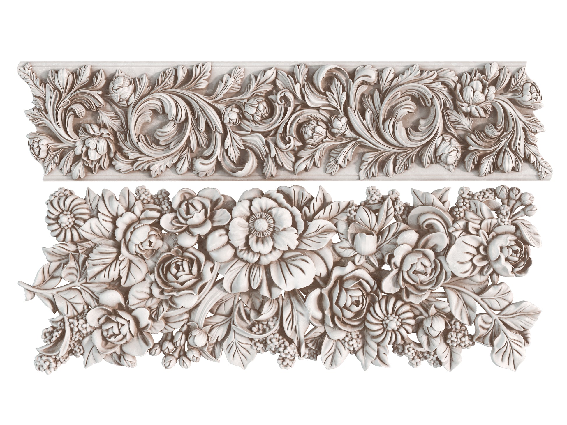 White clay castings from Iron Orchid Designs Trimmings 4 mould on a white background