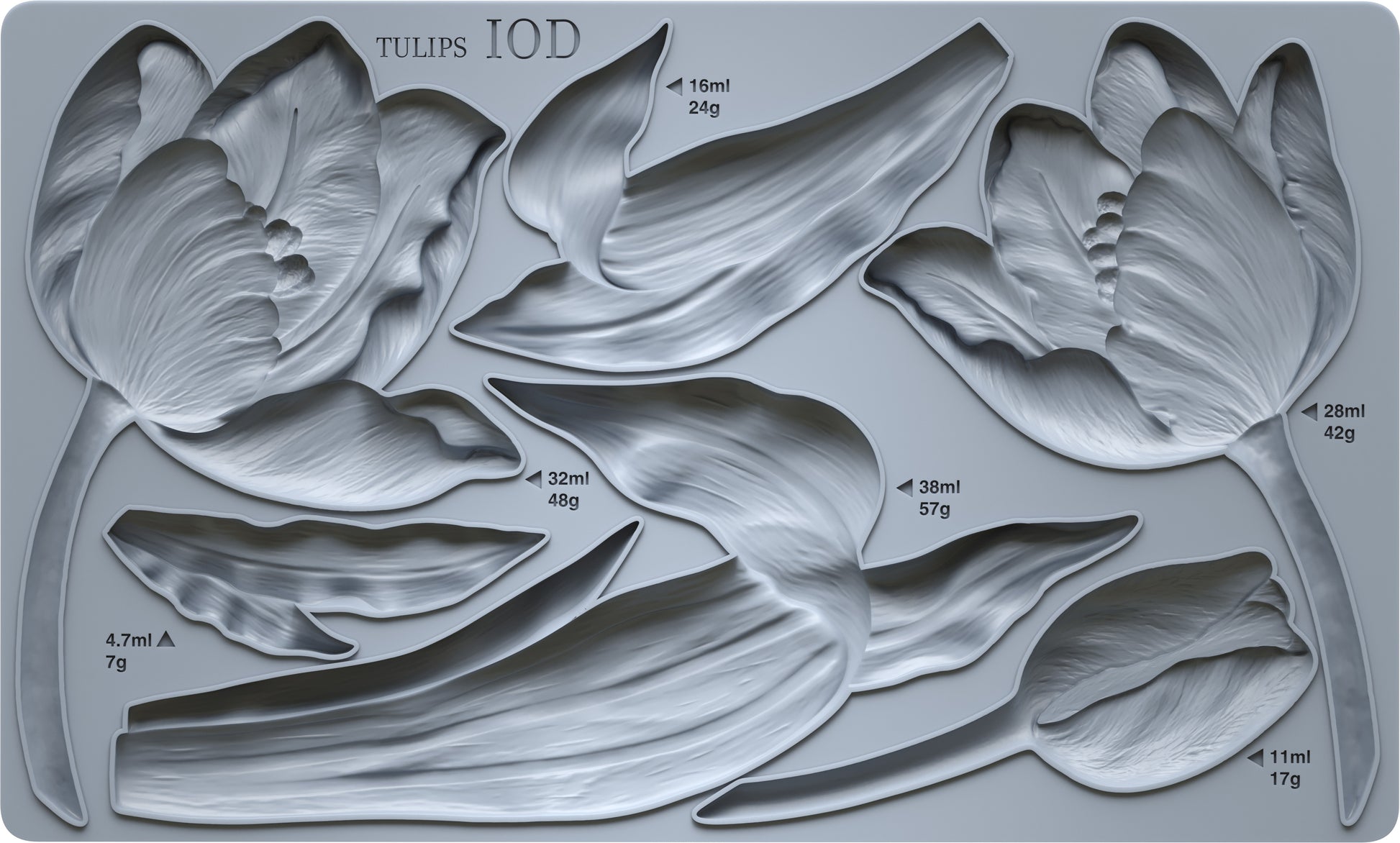 Grey silicone mould from Iron Orchid Designs showing tulip flowers and leaves.