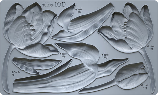 Grey silicone mould from Iron Orchid Designs showing tulip flowers and leaves.