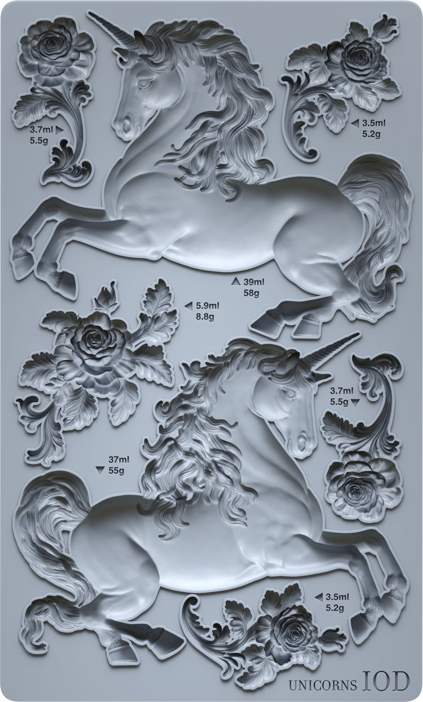 An Iron Orchid Designs mould featuring a series of unicorn figures in various poses with floral elements, designed for crafting and embellishment.