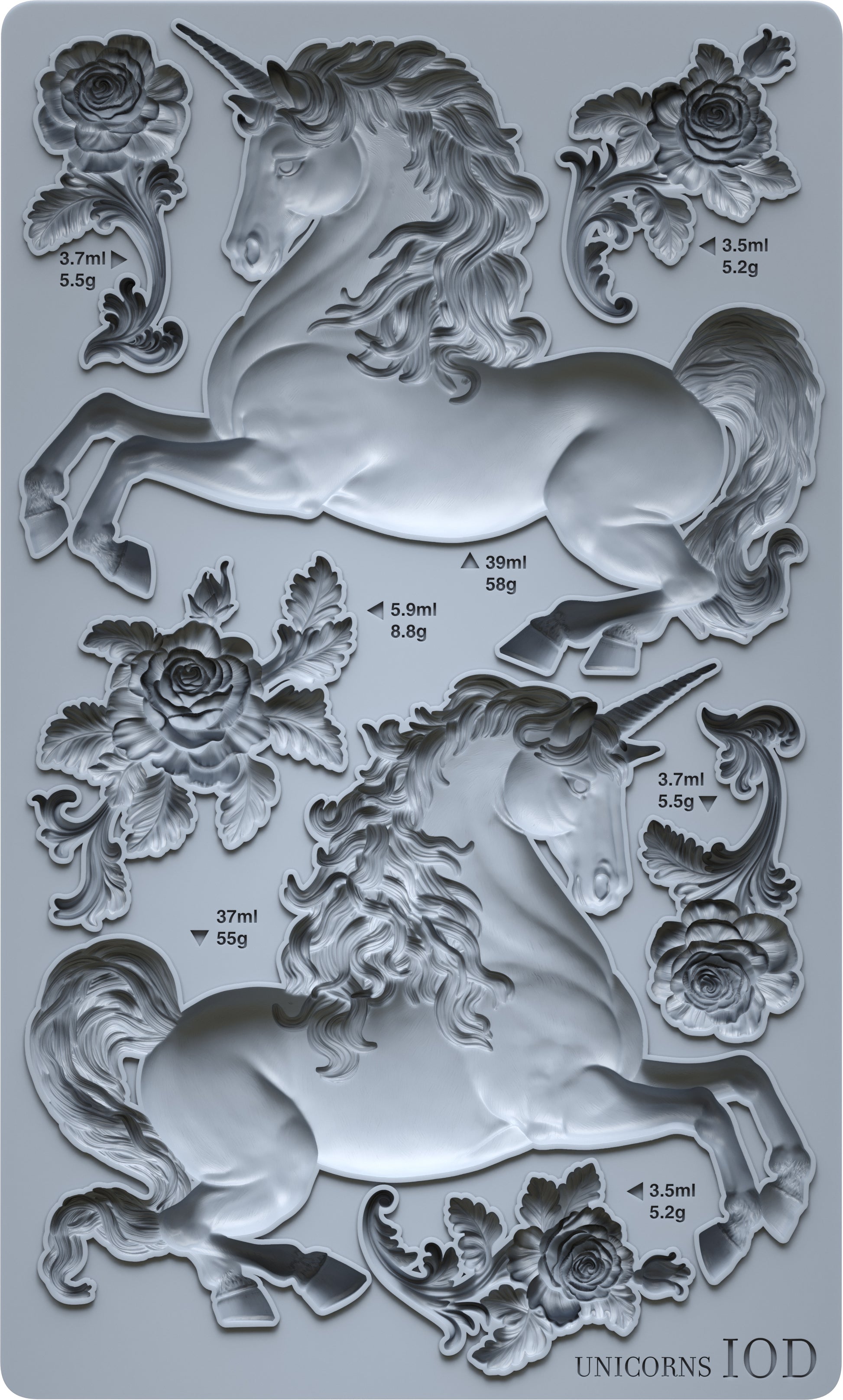 An Iron Orchid Designs mould featuring a series of unicorn figures in various poses with floral elements, designed for crafting and embellishment.
