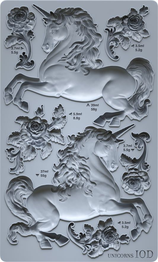 An Iron Orchid Designs mould featuring a series of unicorn figures in various poses with floral elements, designed for crafting and embellishment.