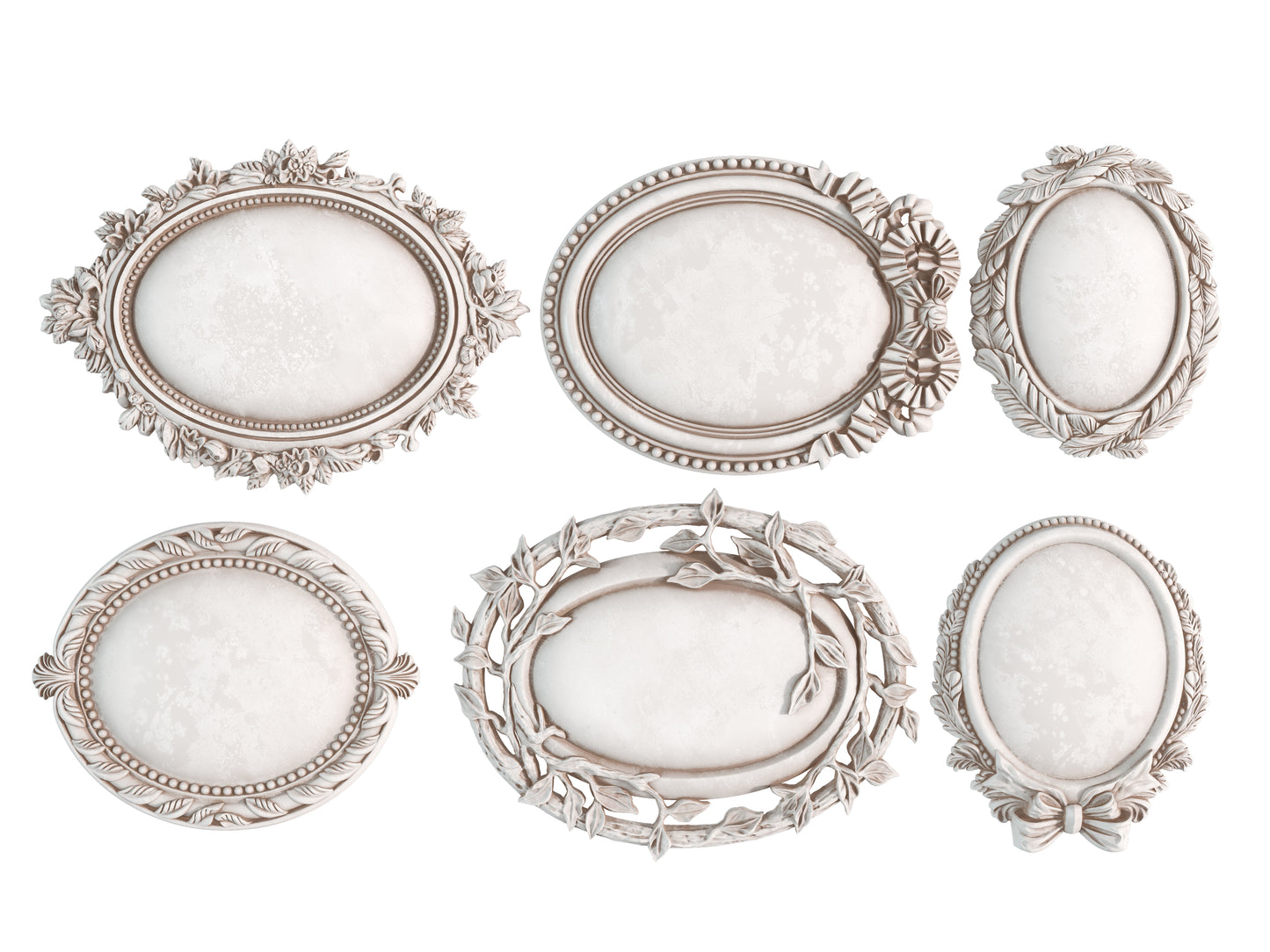 All six white clay castings from Iron Orchid Designs Vintage Brooches mould on a white background