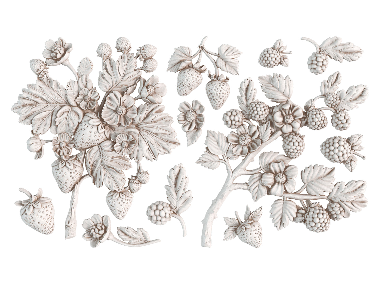 White clay castings from Iron Orchid Designs Wild Berries mould. The white castings are of strawberries, leaves and flowers on a white background.