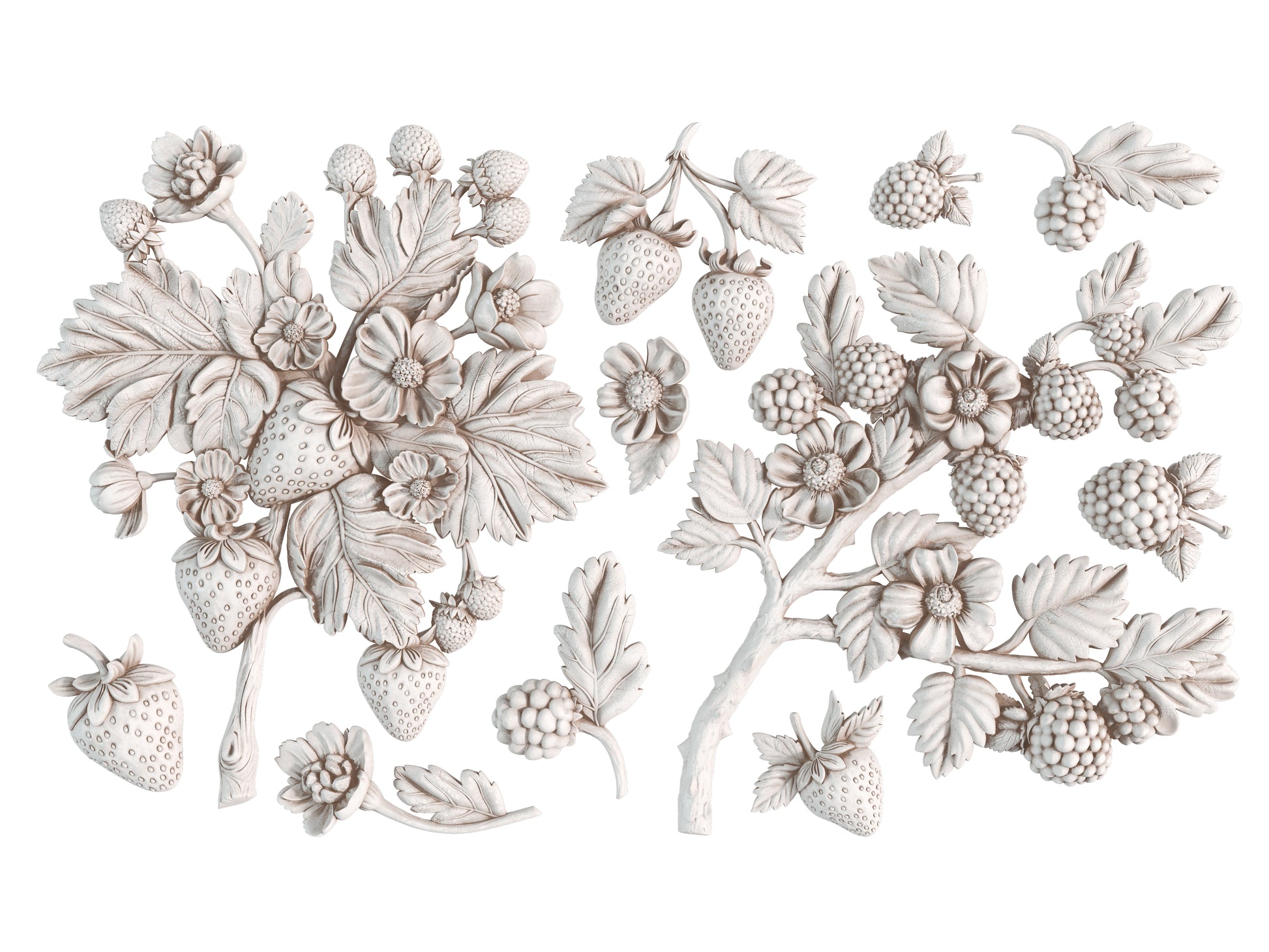 White clay castings from Iron Orchid Designs Wild Berries mould. The white castings are of strawberries, leaves and flowers on a white background.