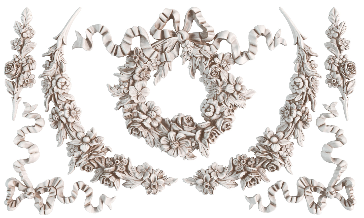 Decorative floral and ribbon elements on a white background from Iron Orchid Designs Wreath and Swags mould