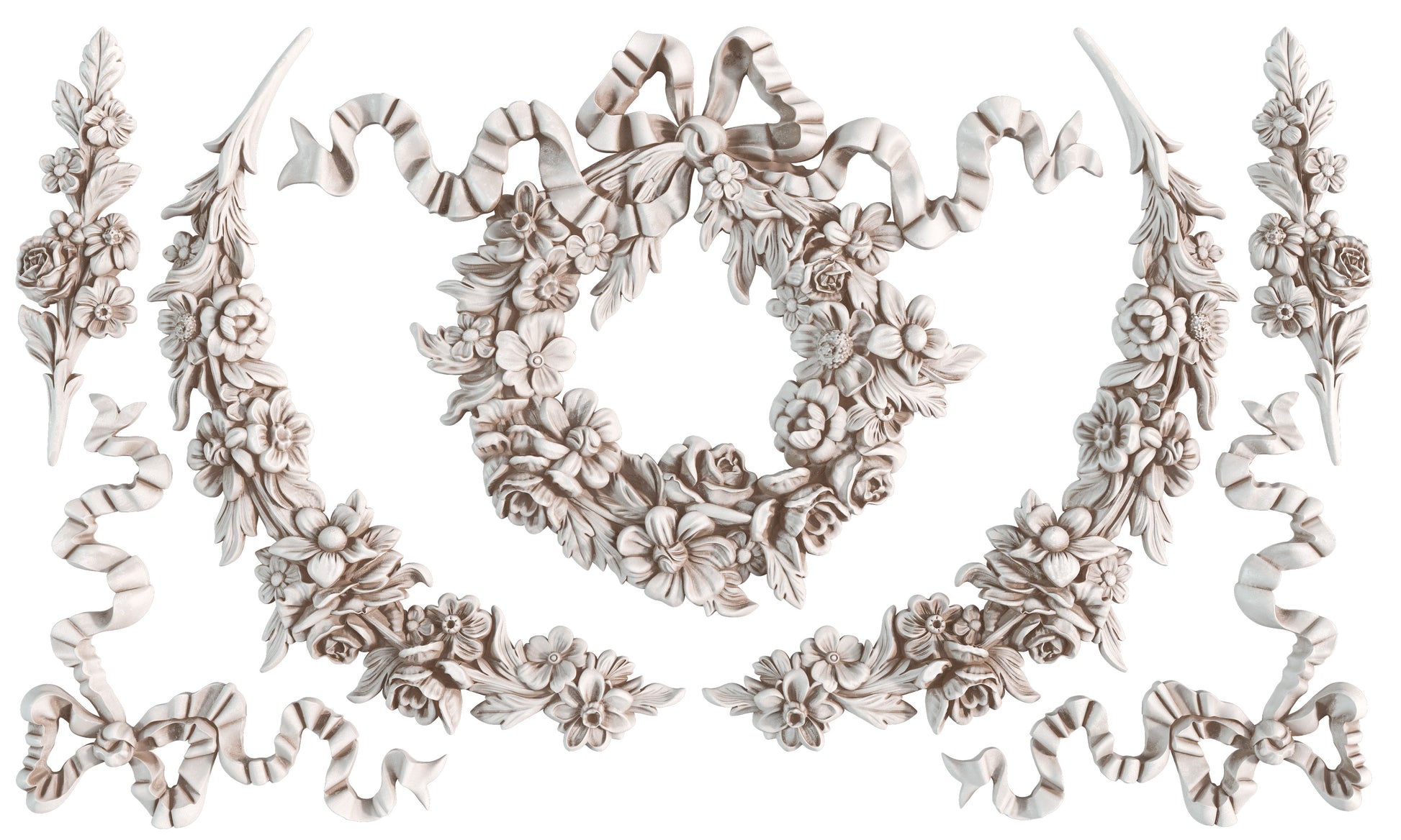 Decorative floral and ribbon elements on a white background from Iron Orchid Designs Wreath and Swags mould