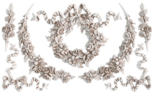 Decorative floral and ribbon elements on a white background from Iron Orchid Designs Wreath and Swags mould