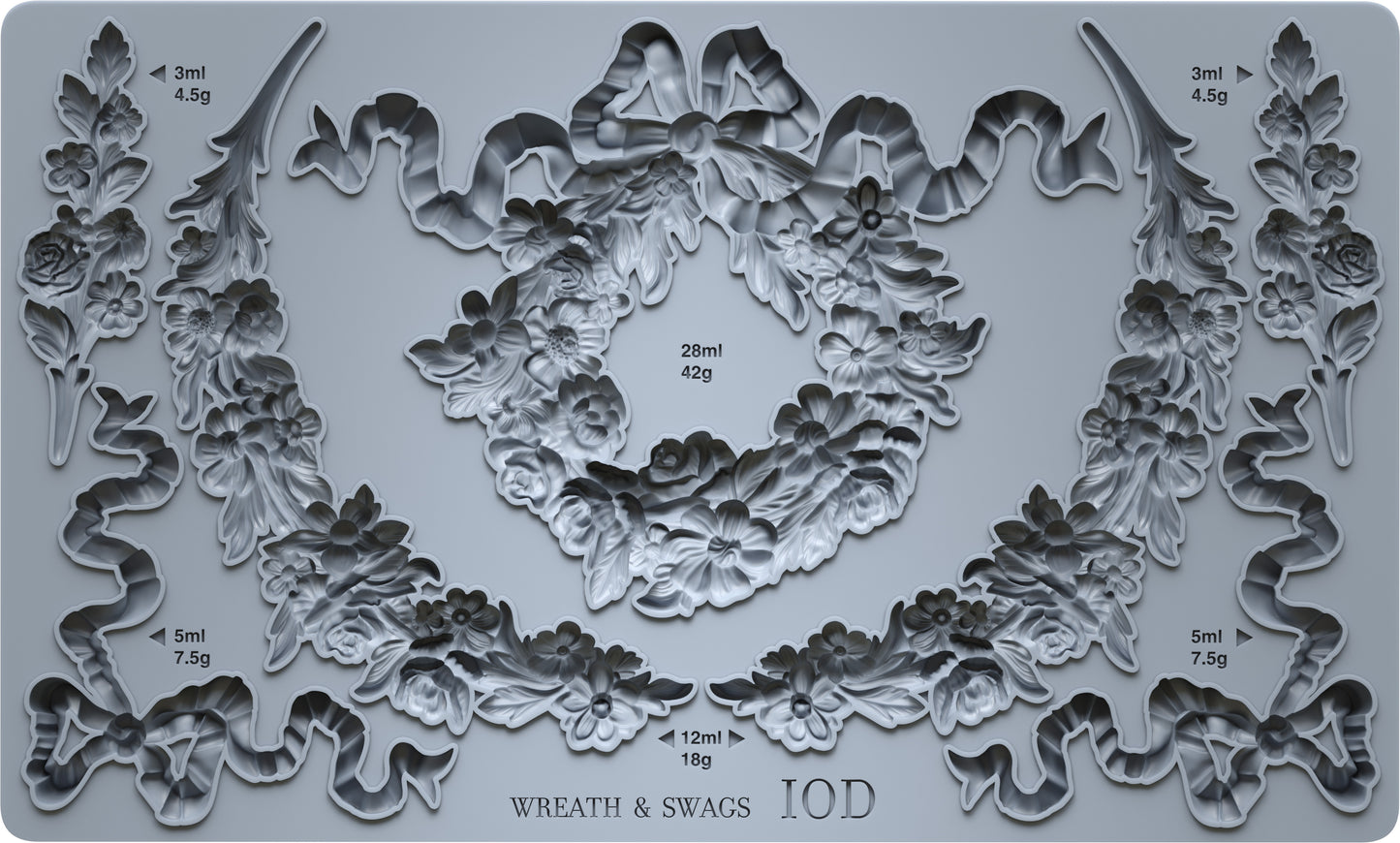 Decorative mould with wreath and swag designs on a grey background from Iron Orchid Designs