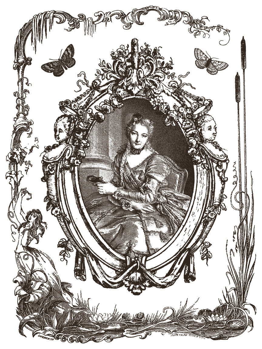 Decorative black and white illustration of a woman in a ornate frame with butterflies and plants by Iron Orchid Designs