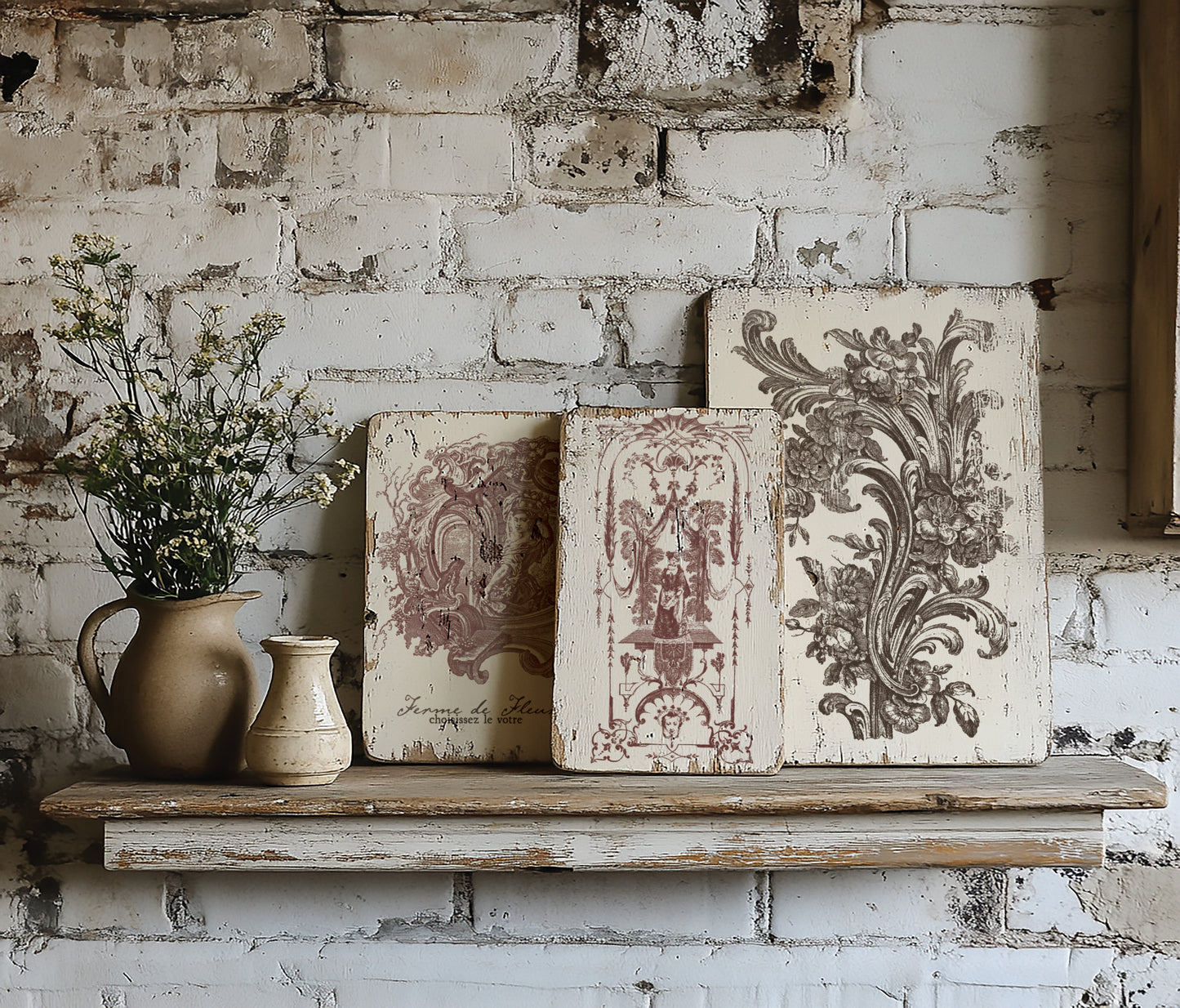 Decorative wooden boards with floral arrangement against a rustic brick wall.
