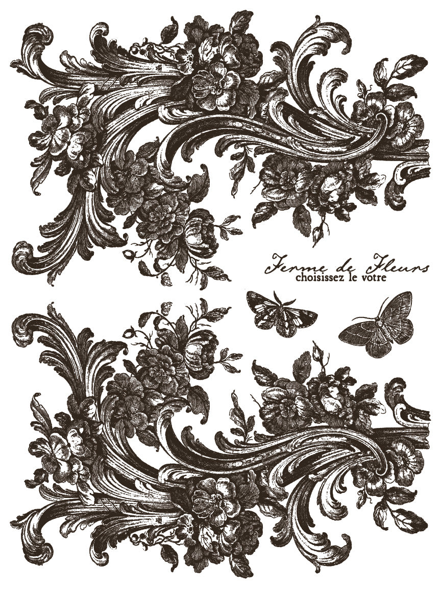 Decorative floral and leaf design with butterflies and text on a white background by Iron Orchid Designs