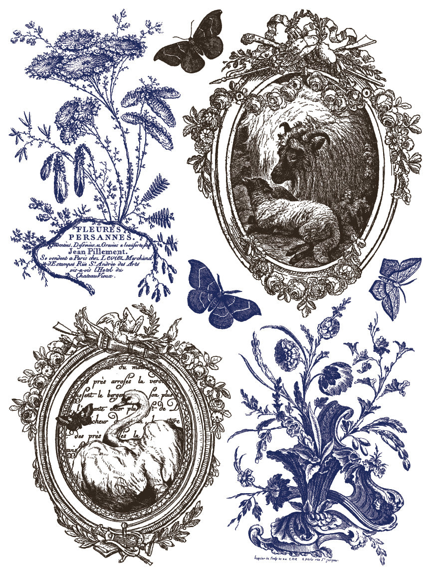 Decorative design with floral elements and animal illustrations on a white background by Iron Orchid Designs
