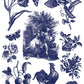 Collection of blue vintage-style illustrations including flowers, a rooster, and a couple in a garden.