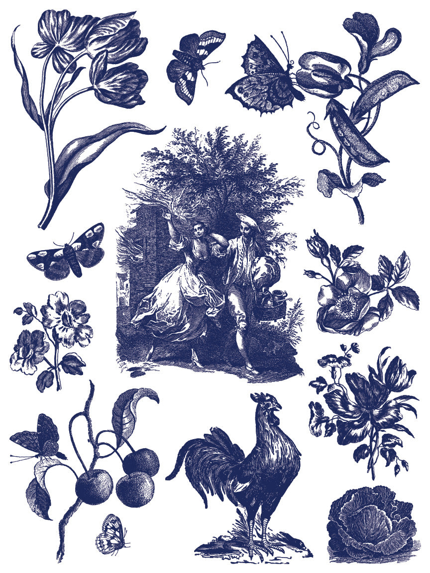 Collection of blue vintage-style illustrations including flowers, a rooster, and a couple in a garden.