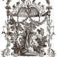 Decorative illustration with trees, architectural elements, and decorative frames on a white background by Iron Orchid Designs