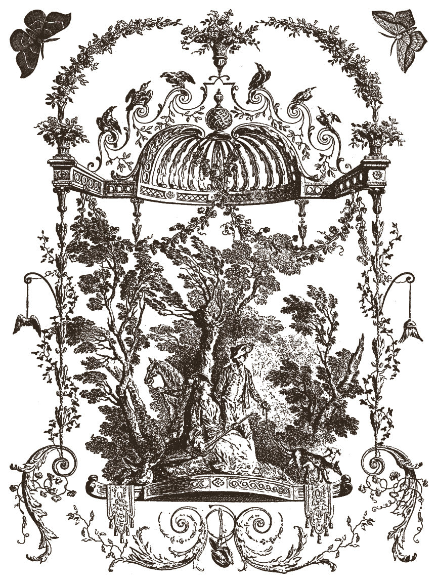 Decorative illustration with trees, architectural elements, and decorative frames on a white background by Iron Orchid Designs