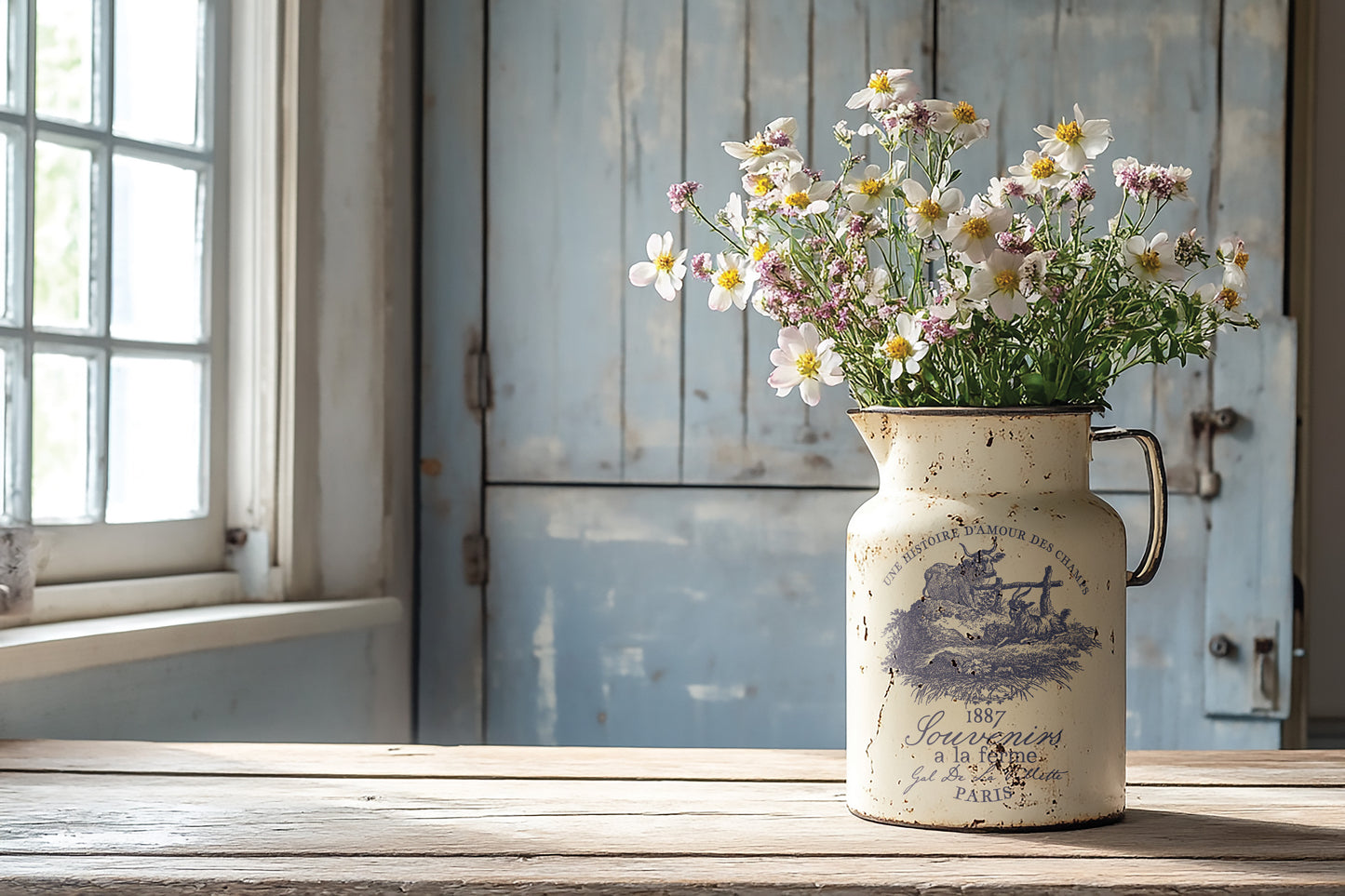 Vintage-style jug with flowers on a wooden surface near a window