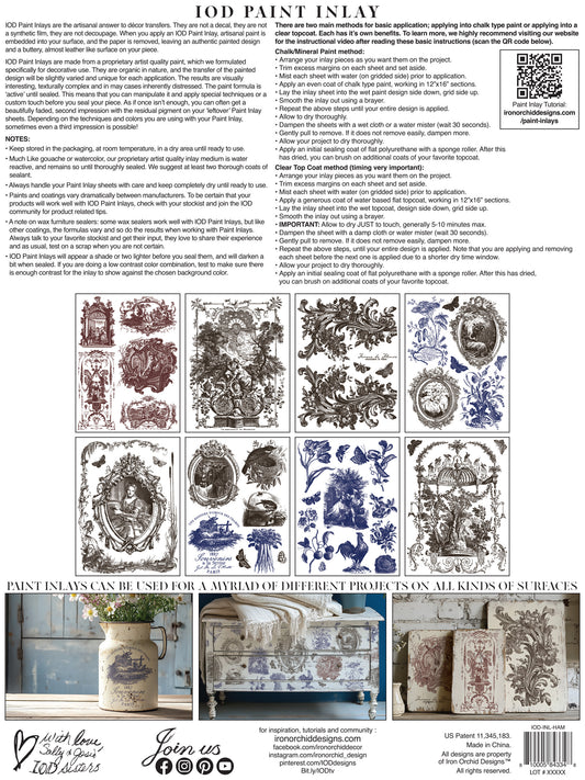 Product packaging with decorative paint inlays and images of furniture and instructions from Iron Orchid Designs