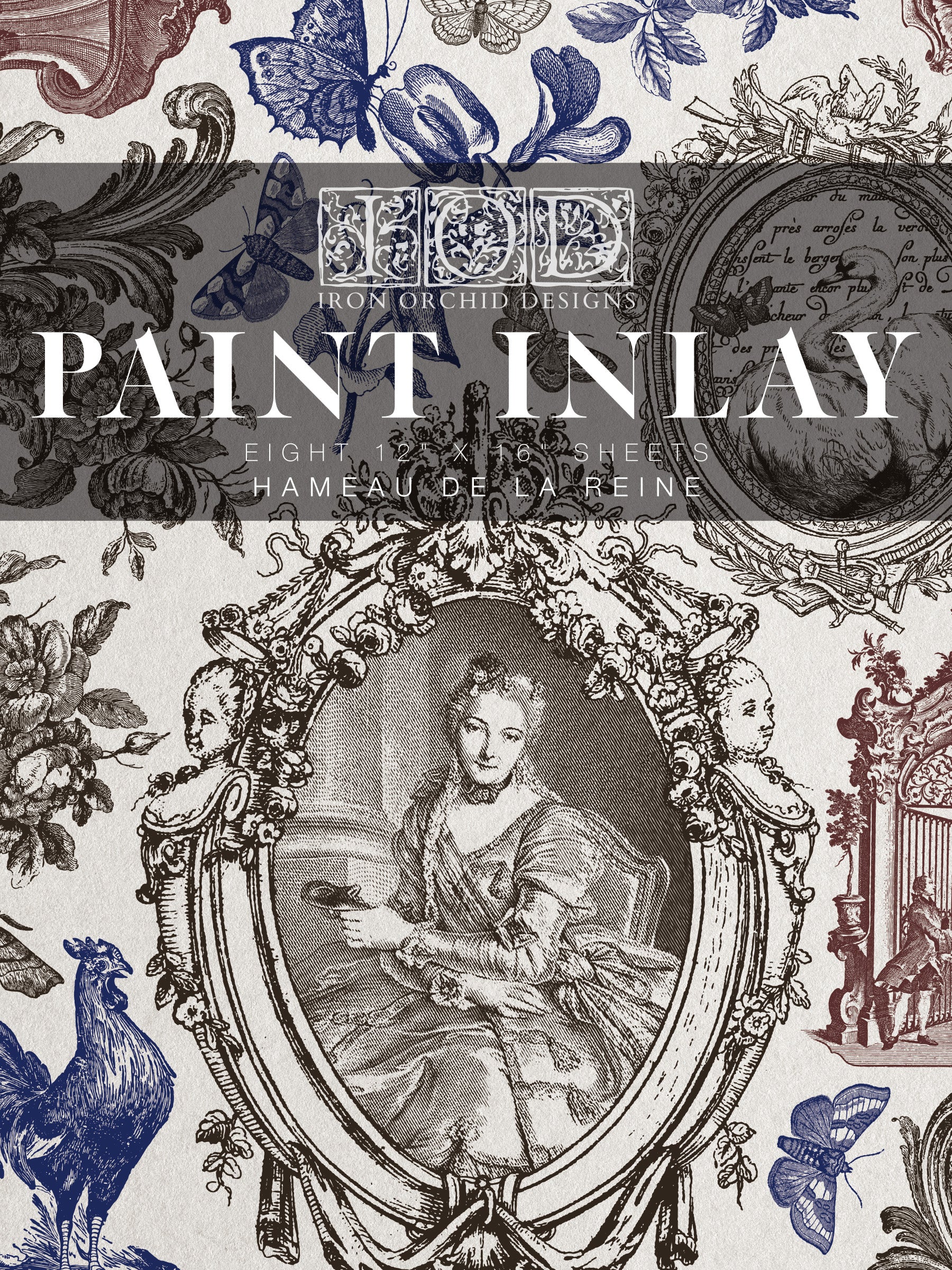 Decorative French inspired front cover with intricate designs and text, featuring a portrait and floral elements from Iron Orchid Designs
