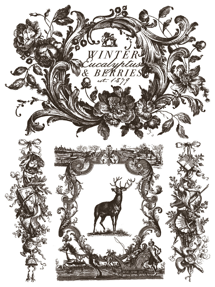 Decorative black and white design with floral elements, a deer, and text on a white background by Iron Orchid Designs