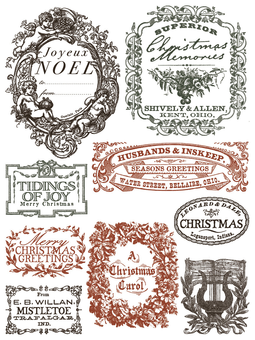 Collection of vintage Christmas-themed labels and text designs on a white background by Iron Orchid Designs