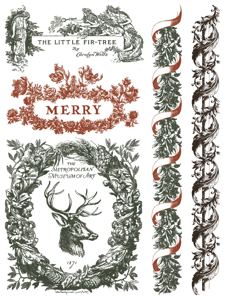 Decorative Christmas design with text and illustrations of a deer and foliage, featuring 'The Metropolitan Museum of Art' by Iron Orchid Designs
