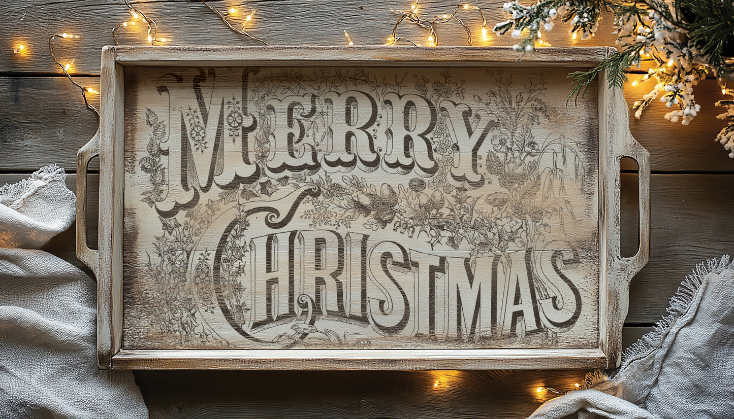Decorative wooden tray with 'Merry Christmas' text on a wooden surface with lights and greenery by Iron Orchid Designs