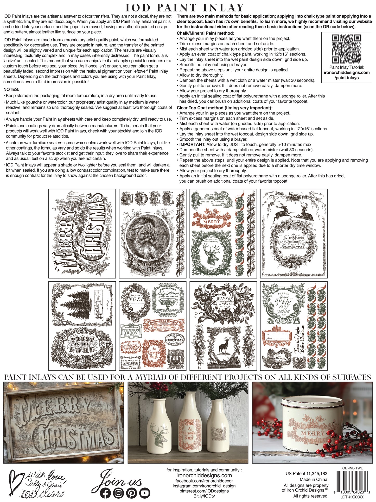 Product packaging with text and graphics for 'IOD Paint Inlay' with various designs and examples of use.