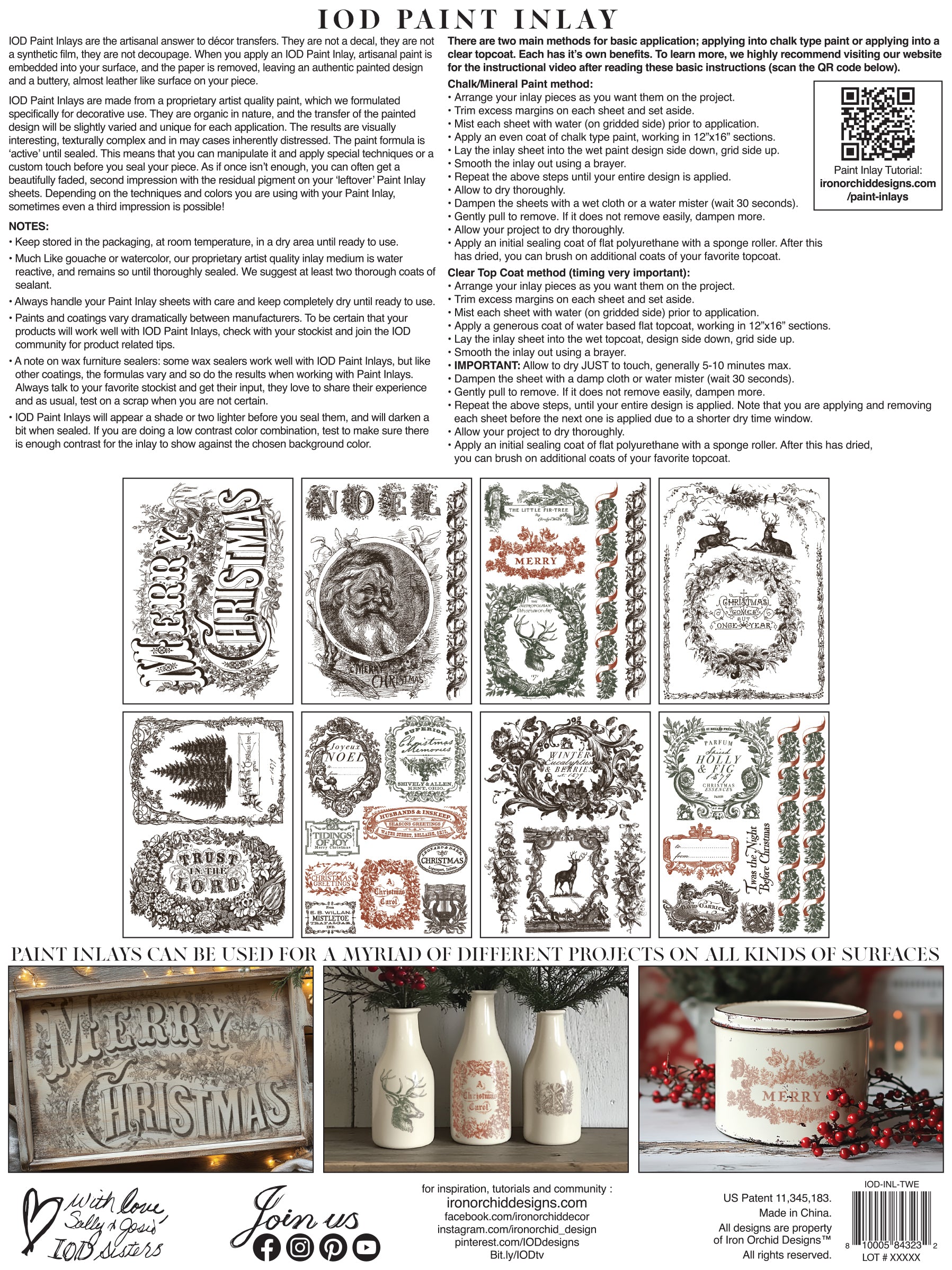 Product packaging with text and graphics for 'IOD Paint Inlay' with various designs and examples of use.