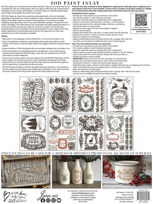Product packaging with text and graphics for 'IOD Paint Inlay' with various designs and examples of use.