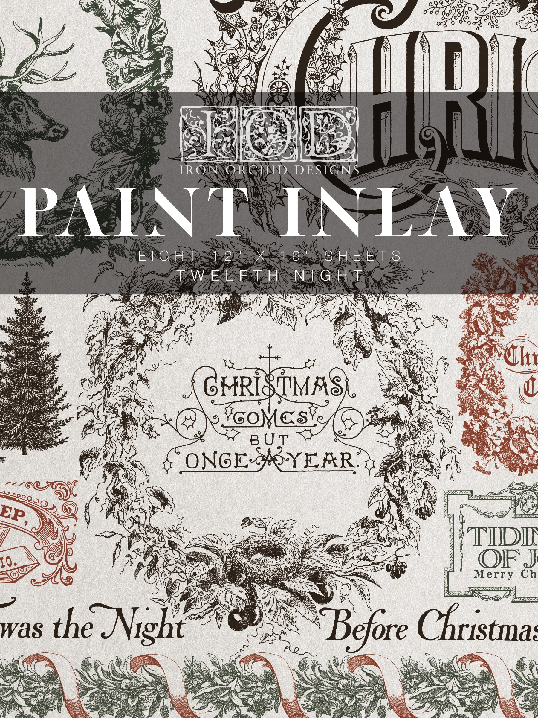 Decorative paper with Christmas-themed designs and text, featuring the brand 'Iron Orchid Designs'.