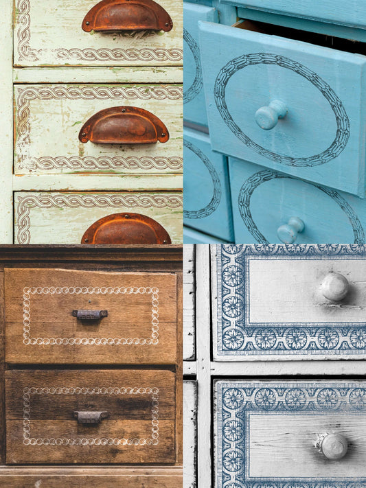 Iron Orchid Designs Adornment stamp on painted and unpainted furniture showing circular details around handles and front of drawers