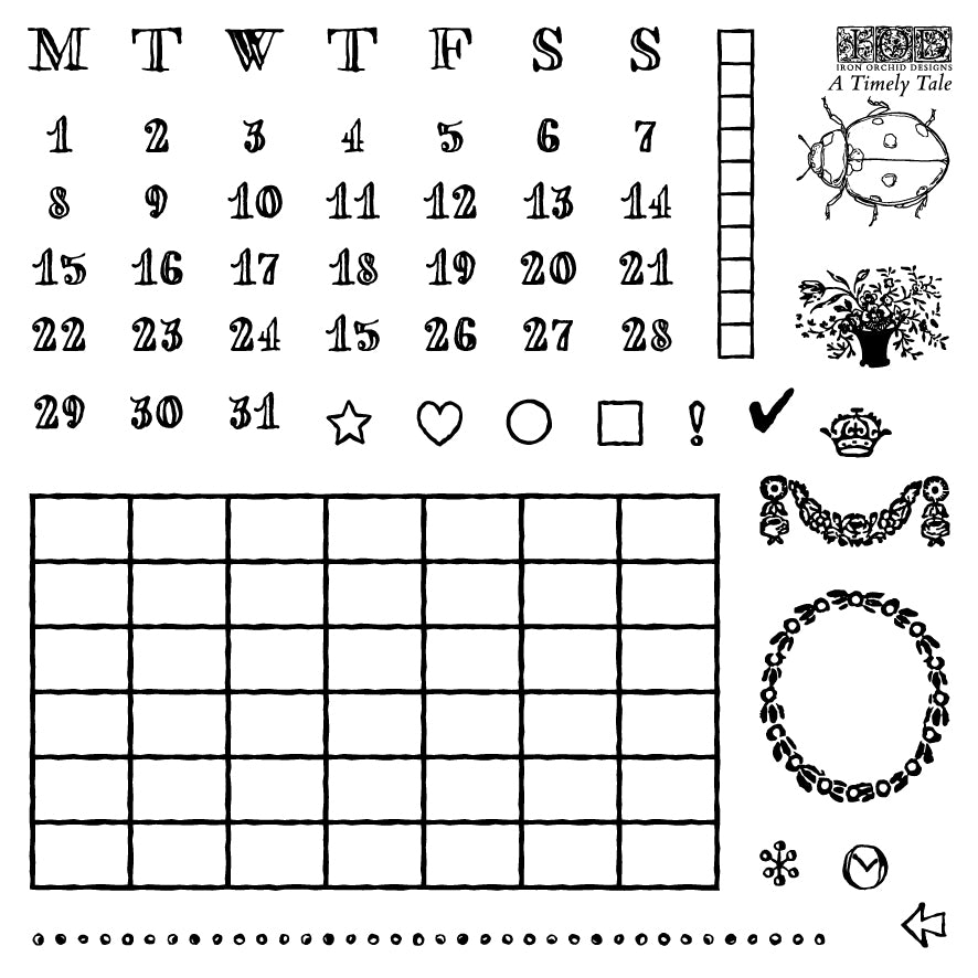 Black and white printable grid and date-themed worksheet pages with a calendar, numbers 1 through 31, date icons, decorative borders, and small illustrations including a ladybug, flowers, crown, and wreath. A Timely Tale Stamp from Iron Orchid Designs.