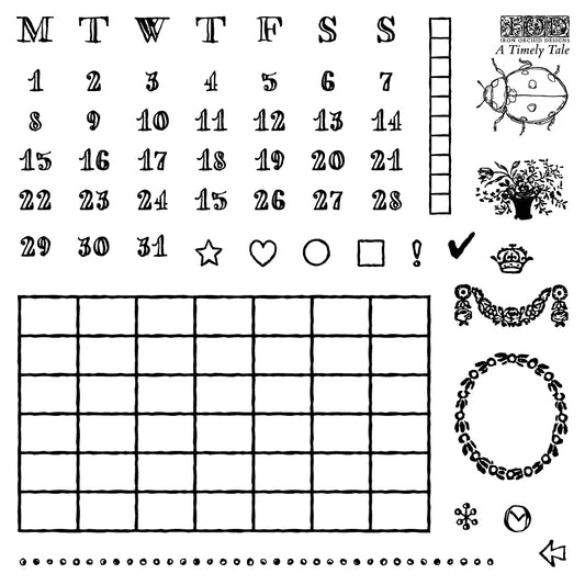 Black and white printable grid and date-themed worksheet pages with a calendar, numbers 1 through 31, date icons, decorative borders, and small illustrations including a ladybug, flowers, crown, and wreath. A Timely Tale Stamp from Iron Orchid Designs.