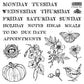 Black and white line art sheet featuring weekly calendar text from Monday through Sunday, plus illustrated motifs including a butterfly, flowers, a bird, a pumpkin, a nest, and acorns. A small logo reading A Tiny Tale appears in the top right. A Timely Tale Stamp from Iron Orchid Designs.