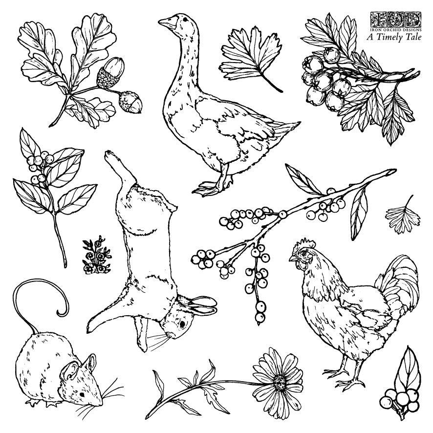 Black and white line art illustrations of woodland animals and plants, including a goose, rabbit, chicken, mouse, leaves, acorns, berries, and flowers, arranged on a white background with the text 'A Timely Tale' in the top right. A Timely Tale Stamp from Iron Orchid Designs.