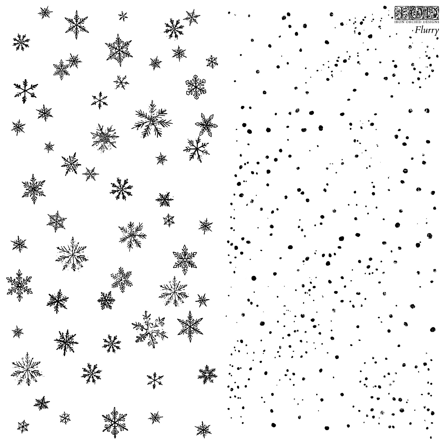 Black and white snowflake and dot pattern stamp, split vertically with intricate snowflakes on the left and scattered dots on the right, on a white background. Flurry stamp From Iron Orchid Designs.