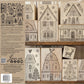 A product display sheet for 'Winter Village'  stamp designs by Iron Orchid Designs, showing multiple wooden house and tree designs in different levels of detail, alongside product information text and a QR code. Gingerbread Lane