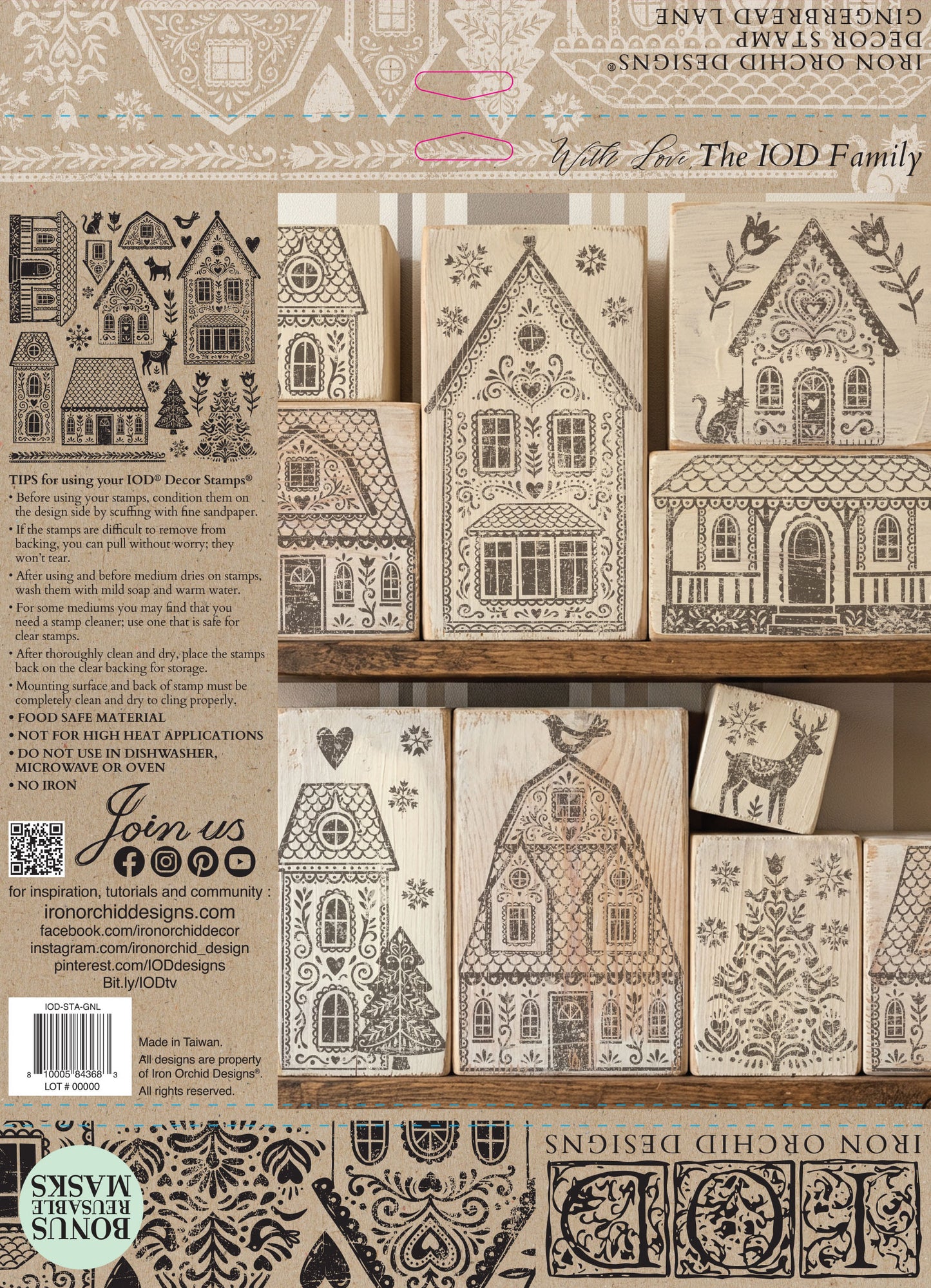 A product display sheet for 'Winter Village'  stamp designs by Iron Orchid Designs, showing multiple wooden house and tree designs in different levels of detail, alongside product information text and a QR code. Gingerbread Lane
