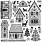 A black and white gingerbread-themed stamp sheet featuring multiple decorated gingerbread houses, trees, birds, flowers, hearts, and a deer, with the text 'Gingerbread Lane' in the top right corner. From Iron Orchid Designs.