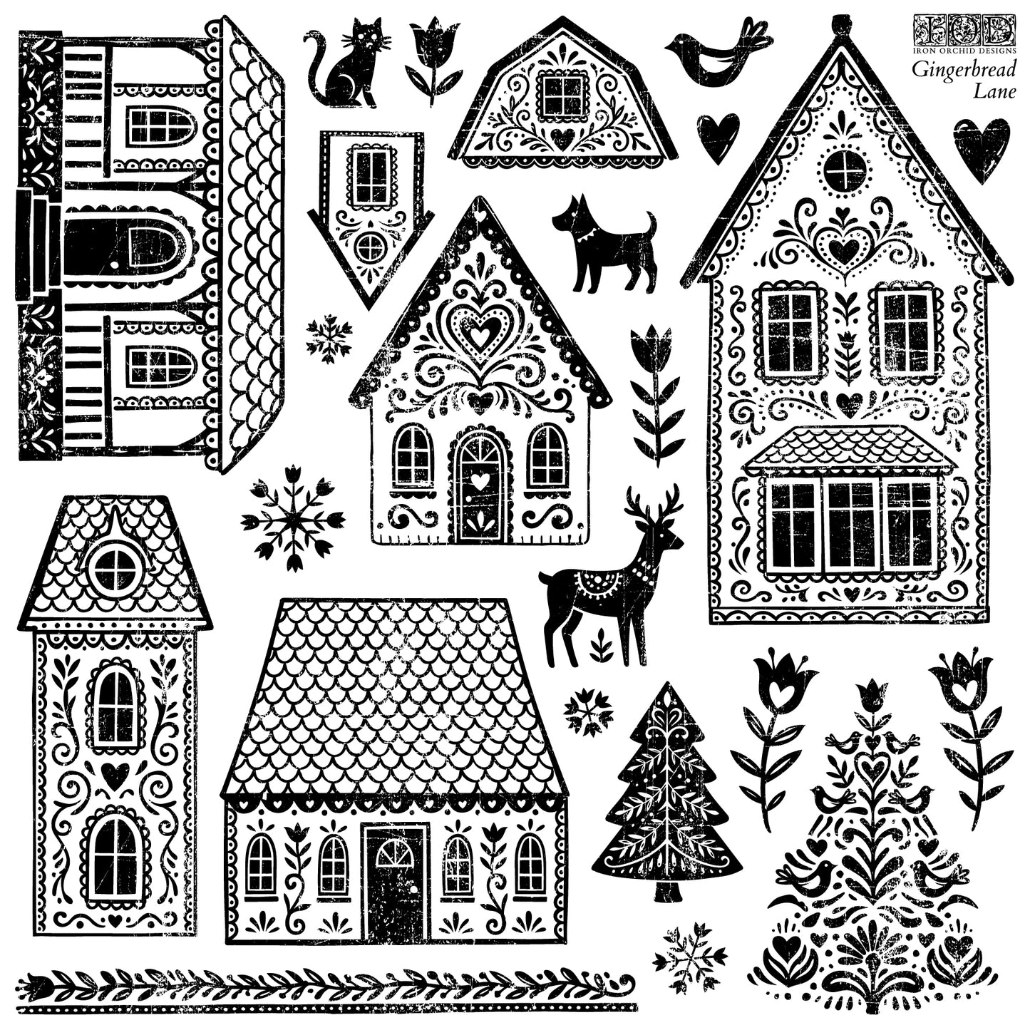 A black and white gingerbread-themed stamp sheet featuring multiple decorated gingerbread houses, trees, birds, flowers, hearts, and a deer, with the text 'Gingerbread Lane' in the top right corner. From Iron Orchid Designs.