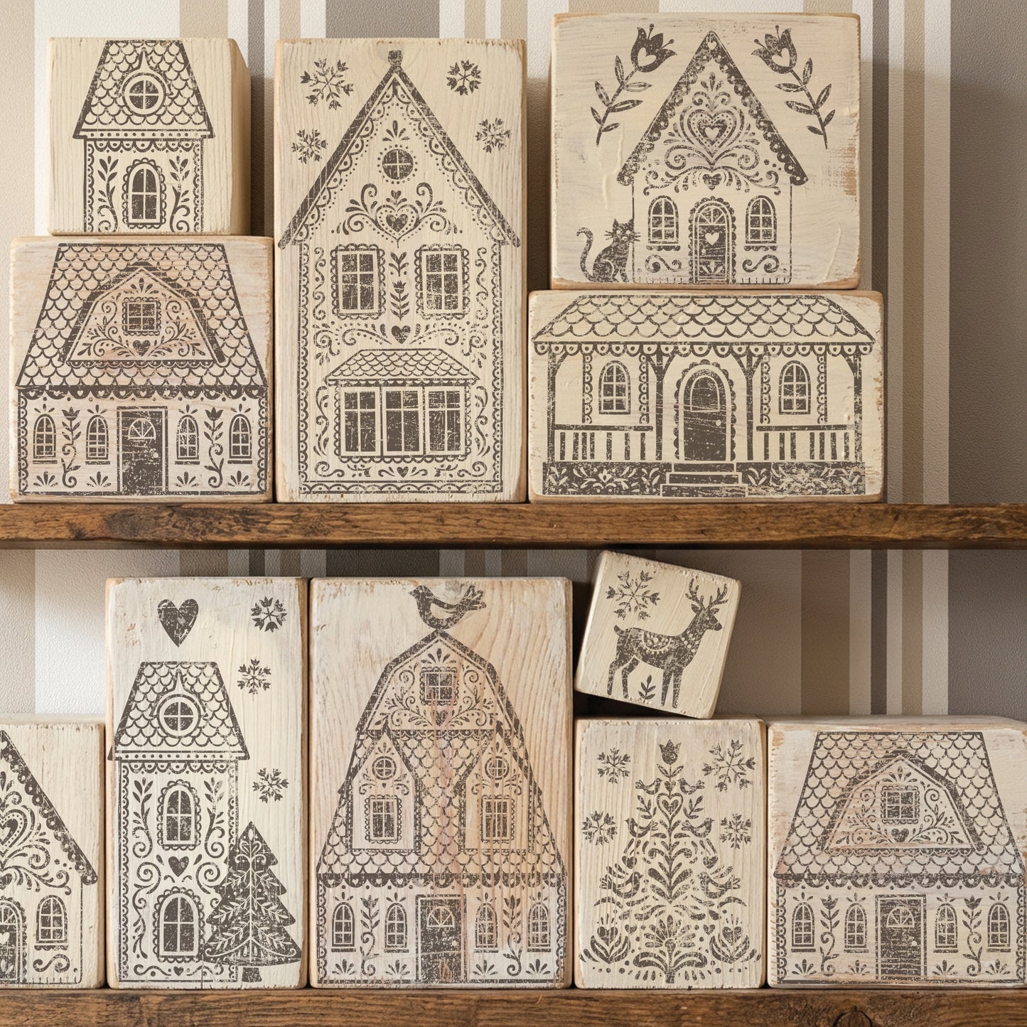 A set of wooden house-shaped decorative shelf sitters stamped with intricate black printed designs, displayed on rustic wooden shelves against a striped wall. Gingerbread Lane From Iron Orchid Designs.